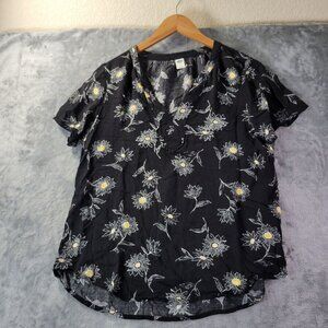 Old Navy Womens‎ Floral V-Neck Blouse Medium Black Daisy Print Casual Everyday